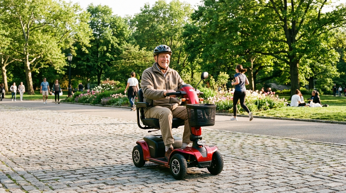 Ein rüstiger Senior fährt entspannt und lächelnd mit einem modernen roten Elektromobil über einen gepflasterten Weg in einem sonnigen Park. Grüne Bäume im Hintergrund, aktive Lebensfreude, realistische Szene ohne Text.