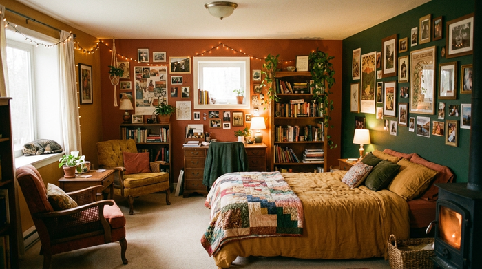 Ein geräumiges, gemütlich eingerichtetes privates Zimmer in einer Wohngemeinschaft, dekoriert mit persönlichen Bildern und warmen Farben, das Geborgenheit ausstrahlt.