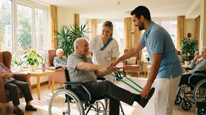 Eine engagierte Pflegefachkraft und ein Physiotherapeut helfen einem Patienten im Rollstuhl bei leichten Bewegungsübungen in einem sonnigen Gemeinschaftsraum.