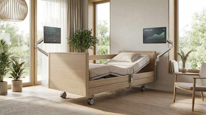 Ein modernes, elektrisch verstellbares Pflegebett in einem hellen Raum, flankiert von unauffälligen, aber hochmodernen medizinischen Überwachungsmonitoren.