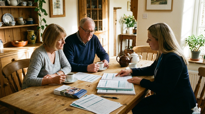 Zwei Angehörige sitzen gemeinsam mit einer Pflegeberaterin an einem Holztisch und besprechen bei einer Tasse Kaffee wichtige Dokumente und Anträge.