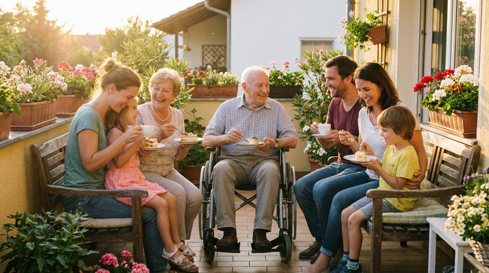 Eine Familie sitzt entspannt mit ihrem pflegebedürftigen Vater im Rollstuhl auf einer sonnigen Terrasse und genießt gemeinsam ein Stück Kuchen.