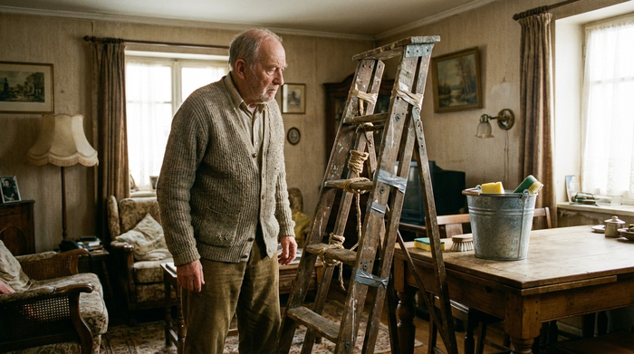 Ein älterer Herr in bequemer Kleidung schaut nachdenklich auf eine alte, wackelige Holzleiter in seinem Wohnzimmer, während ein Putzeimer sicher auf einem stabilen Tisch daneben steht.