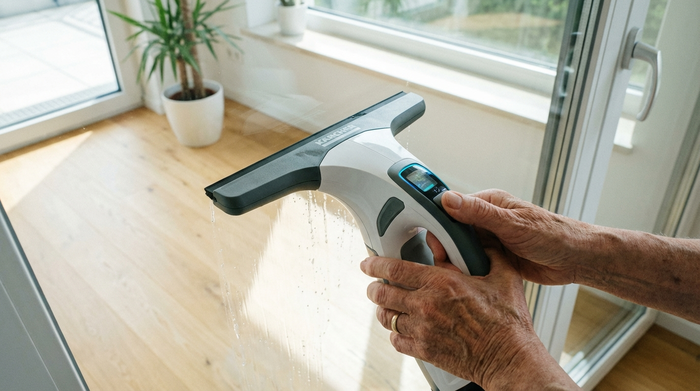 Nahaufnahme eines modernen elektrischen Fenstersaugers, der sanft über eine Glasscheibe gleitet, gehalten von den Händen einer älteren Person. Die Umgebung ist hell und sauber, kein Wasser tropft auf den Holzboden.