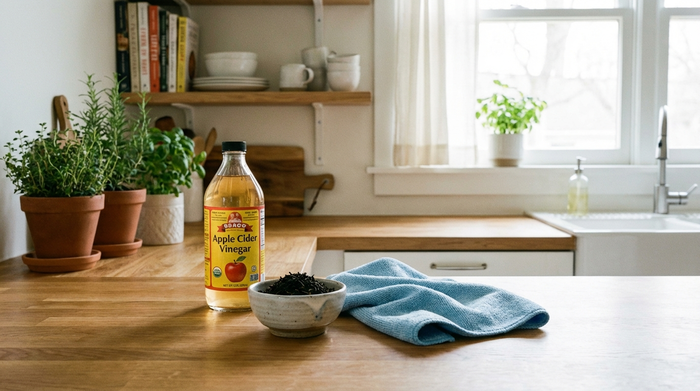 Eine aufgeräumte Küchenzeile im sanften Tageslicht. Auf der Arbeitsplatte stehen eine Glasflasche mit Essig, eine kleine Schale mit schwarzem Tee und ein weiches, blaues Mikrofasertuch bereit für den Hausputz.