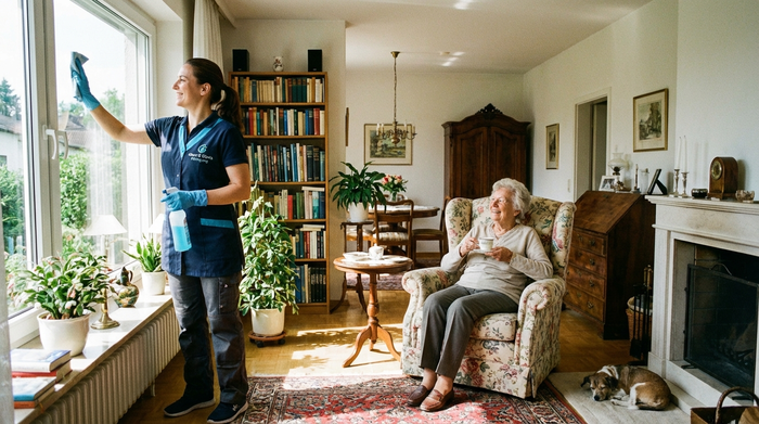 Eine freundliche, professionelle Reinigungskraft in Arbeitskleidung putzt lächelnd das große Wohnzimmerfenster einer älteren Dame, die entspannt in einem bequemen Sessel sitzt und eine Tasse Kaffee genießt.