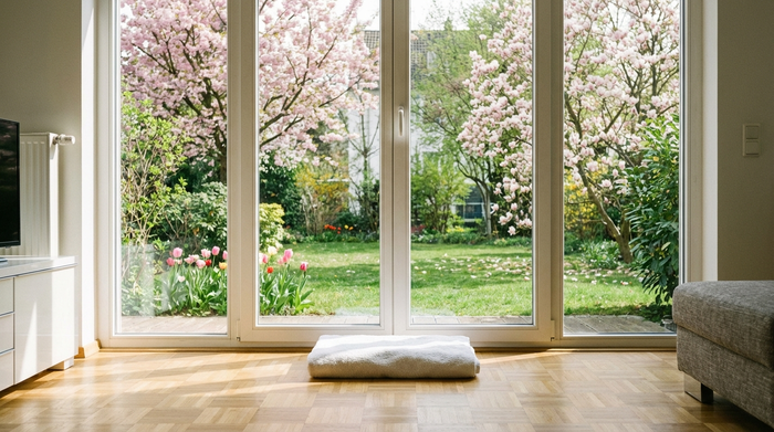 Ein helles, aufgeräumtes Wohnzimmer mit großen, sauberen Fenstern, durch die man in einen blühenden Frühlingsgarten blickt. Ein weiches, dickes Frotteehandtuch liegt ordentlich auf dem hellen Parkettboden direkt vor dem Fenster.
