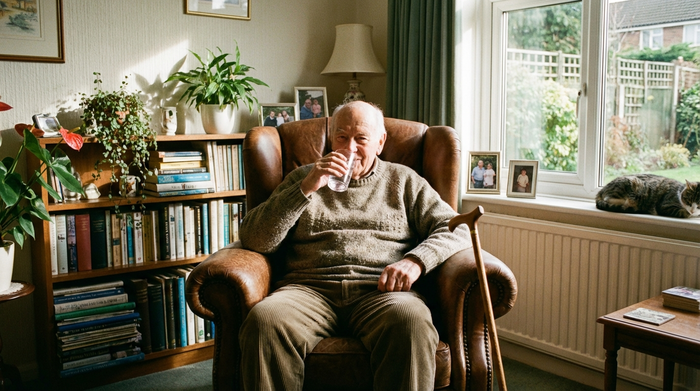 Ein älterer Herr sitzt entspannt in einem bequemen Sessel und trinkt ein Glas Wasser. Ein Gehstock lehnt griffbereit an der Seite. Das gemütliche, aufgeräumte Wohnzimmer ist lichtdurchflutet.