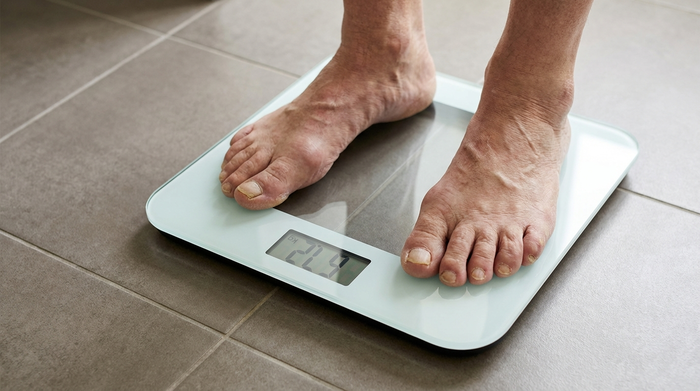 Nahaufnahme der nackten Füße einer älteren Person, die sicher auf einer modernen, breiten Glaswaage mit abgerundeten Ecken stehen. Der Badezimmerboden besteht aus rutschfesten, matten Fliesen.