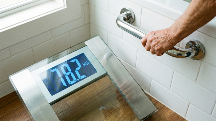 Ein großes, gut lesbares, leuchtendes Display einer modernen Waage auf dem Boden. Eine ältere Hand stützt sich leicht an einem sicheren Haltegriff an der weißen Badezimmerwand ab.