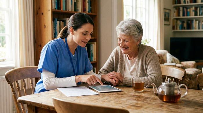 Eine fürsorgliche Pflegekraft bespricht mit einer lächelnden Seniorin am Esstisch Gesundheitsdaten. Eine frische Tasse Tee steht auf dem Holztisch. Die Atmosphäre ist vertrauensvoll und freundlich.