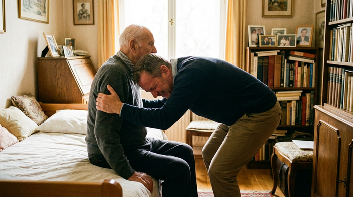 Ein älterer Mann sitzt auf der Bettkante in einem gemütlichen Zimmer. Sein Sohn beugt sich leicht nach vorne, um ihn beim Aufstehen zu stützen. Die Körperhaltung des Sohnes verdeutlicht die körperliche Anstrengung bei der Pflege. Helle, warme Beleuchtung, realistische und respektvolle Darstellung ohne medizinische Geräte.