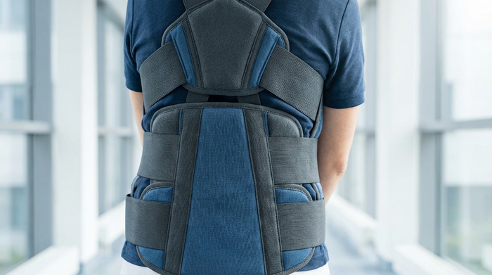 Nahaufnahme des Rückens einer Pflegeperson in einem modernen, textilen Exoskelett. Das System besteht aus breiten, elastischen Bändern und weichen Polstern in Dunkelgrau und Blau, die eng am Körper anliegen. Kein Stromkabel oder Motor sichtbar. Die Person steht aufrecht in einem hellen Flur.