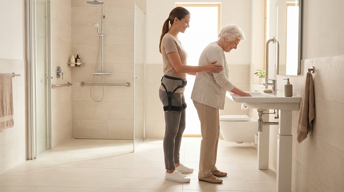 Eine Frau mit einem modernen, leichten Exoskelett hilft einer älteren Dame im Badezimmer beim Stehen am Waschbecken. Das Badezimmer ist barrierefrei, hell gefliest und modern. Die Haltung der pflegenden Frau ist aufrecht und entspannt, während das Exoskelett ihre Hüften und Oberschenkel stützt.