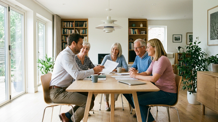 Ein seriöses Beratungsgespräch an einem hellen Esstisch. Ein Experte im Hemd erklärt einer Familie anhand von Dokumenten die Möglichkeiten der Pflegefinanzierung. Auf dem Tisch liegen Papiere und eine Kaffeetasse. Entspannte, zuversichtliche Atmosphäre in einem modernen Wohnzimmer.
