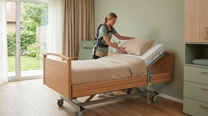 Ein aufgeräumtes, modernes Pflegezimmer mit einem elektrischen Pflegebett. Eine Pflegekraft mit einem unauffälligen Stütz-Exoskelett richtet das Kissen des Bettes. Das Bett ist auf eine ergonomische Arbeitshöhe hochgefahren. Harmonische Farben, ruhige und professionelle Pflegesituation.