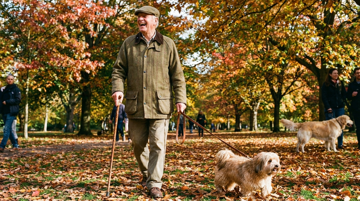 Ein rüstiger Senior spaziert an einem sonnigen Herbsttag lächelnd mit einem kleinen Havaneser-Hund an der Leine durch einen bunt belaubten Park.