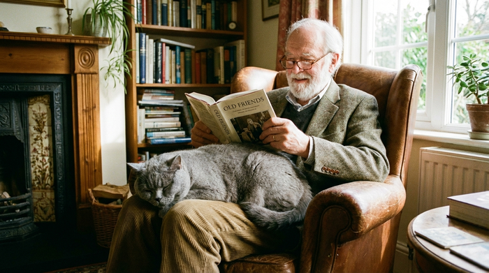 Ein flauschiger Britisch Kurzhaar Kater schläft friedlich auf dem Schoß eines älteren Herrn, der in einem bequemen Sessel sitzt und entspannt ein Buch liest.