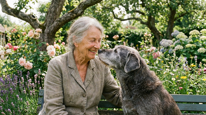 Eine lächelnde ältere Frau und ein liebevoller, graumelierter älterer Hund schauen sich tief in die Augen, umgeben von einer friedlichen, blühenden Gartenkulisse.