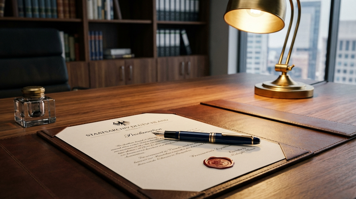 Ein eleganter Füllfederhalter liegt auf einem offiziellen, gedruckten Dokument auf einem aufgeräumten Holzschreibtisch. Klare, professionelle Büroumgebung, fokussiertes Licht.