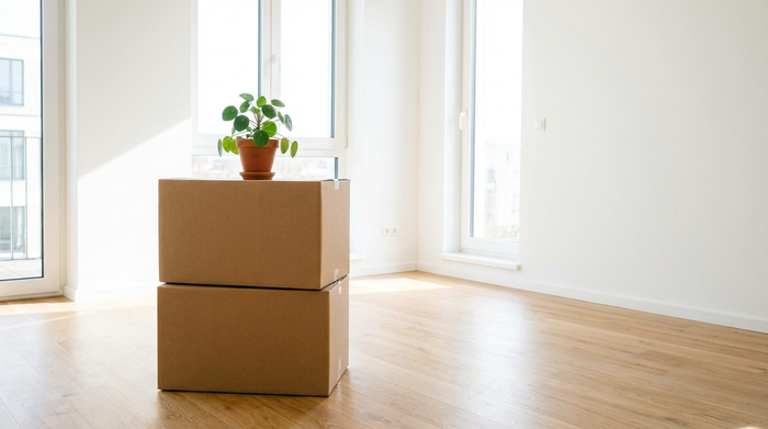 Zwei ordentlich gestapelte, braune Umzugskartons in einem hellen, leeren Wohnzimmer. Auf dem oberen Karton steht eine kleine, grüne Zimmerpflanze. Minimalistisch und sauber.