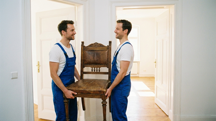 Zwei Männer in sauberen blauen Arbeitslatzhosen tragen vorsichtig einen antiken Holzstuhl durch eine weiße Zimmertür. Helle Beleuchtung, professionelles und freundliches Auftreten.