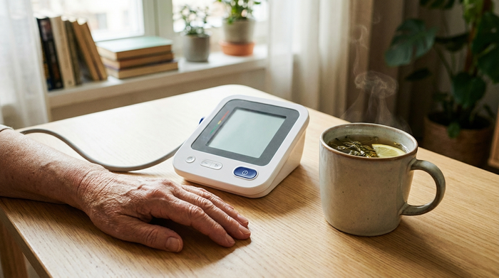 Nahaufnahme eines modernen Blutdruckmessgeräts auf einem hellen Holztisch, daneben eine dampfende Tasse Kräutertee. Eine ältere Hand ruht entspannt auf dem Tisch. Wohnliches Setting, realistische Beleuchtung, keine Schriftzüge.