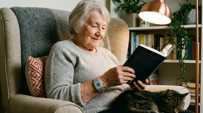 Ein dezenter, grauer Notrufknopf am Handgelenk einer älteren Dame, die friedlich ein Buch liest. Gemütlicher Hintergrund mit weichen Kissen und einer warmen Leselampe, hohe Detailgenauigkeit.