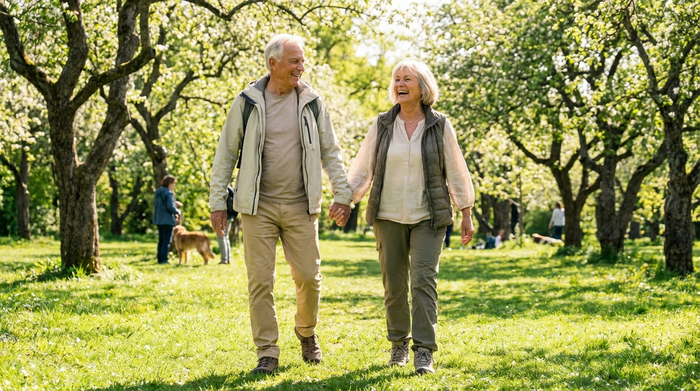 Ein vitales Seniorenpaar spaziert Hand in Hand durch einen sonnigen, grünen Park. Beide tragen bequeme Freizeitkleidung. Fokus auf gesunde Bewegung und Lebensfreude im Alter, natürliche Farben, fotorealistisch.