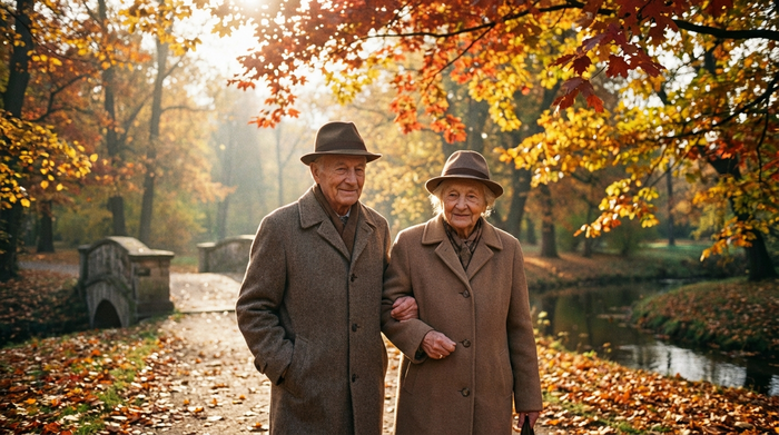Ein älteres Ehepaar geht Arm in Arm durch einen herbstlichen Park mit bunten Blättern. Das weiche Sonnenlicht scheint durch die Bäume, die Stimmung ist friedlich und nachdenklich.