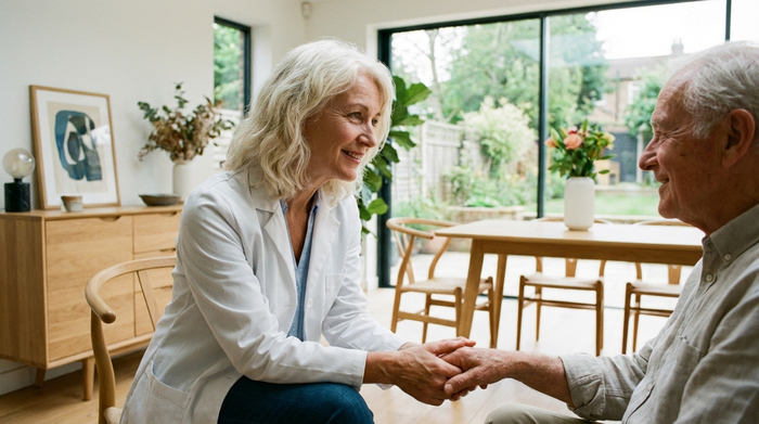Eine erfahrene Ärztin in weißem Kittel sitzt in einer modernen, hellen Praxisräumlichkeit und spricht empathisch mit einem älteren Patienten. Sie strahlt Ruhe und Kompetenz aus.