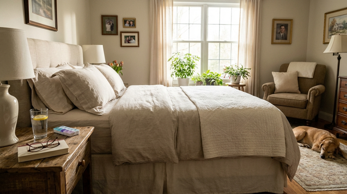 Ein liebevoll eingerichtetes, helles Schlafzimmer für Senioren. Auf dem Nachttisch steht ein Glas Wasser neben einer kleinen, ordentlichen Medikamentenbox. Das Bett ist ordentlich gemacht.