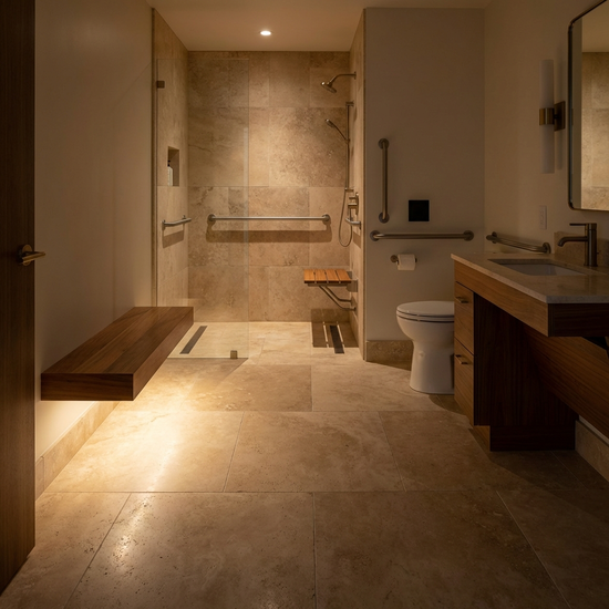 Ein barrierefreies, modernes Badezimmer mit bodengleicher Dusche und warmer, blendfreier Bodenbeleuchtung, die den Weg in der Nacht sicher ausleuchtet.