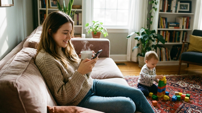 Eine junge Frau sitzt entspannt mit einer Tasse Kaffee auf dem Sofa und blickt beruhigt auf ihr Smartphone. Im Hintergrund spielt ein Kind auf dem Teppich.