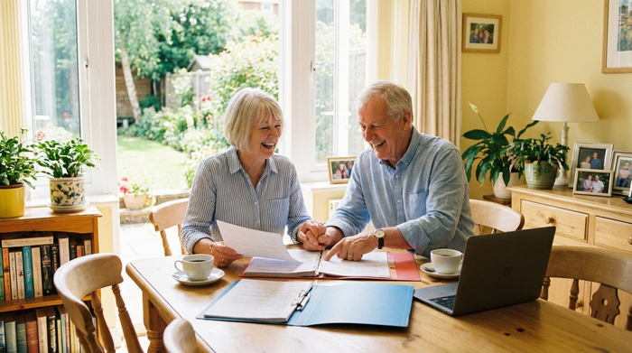 Ein älteres Ehepaar sitzt gemeinsam am Esstisch und bespricht gut gelaunt Dokumente. Die Atmosphäre ist positiv, hell und erleichtert.