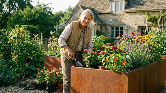 Eine rüstige Seniorin in bequemer Kleidung pflanzt an einem sonnigen Nachmittag bunte Blumen in ein rückenhohes Hochbeet aus Cortenstahl. Sie steht aufrecht und lächelt zufrieden.