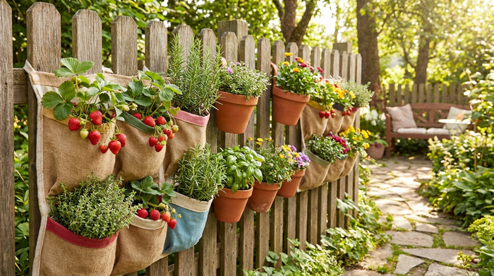 Ein Holzzaun in einem gemütlichen Garten, dekoriert mit mehreren üppig bepflanzten Wandtaschen und hängenden Töpfen. Frische Erdbeeren und Kräuter wachsen auf Augenhöhe in leuchtenden Farben.