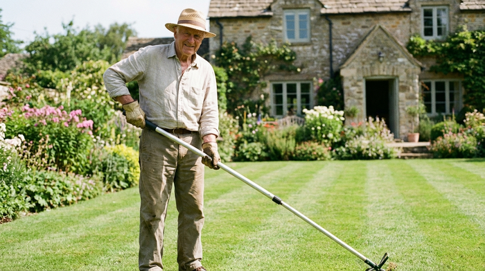 Ein älterer Herr steht aufrecht auf einer gepflegten Rasenfläche und nutzt einen Unkrautstecher mit langem Teleskopstiel. Die Sonne scheint, und die Haltung des Mannes ist entspannt und gerade.