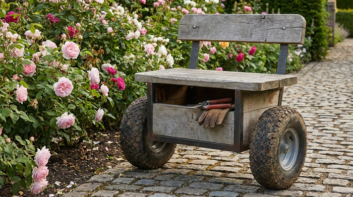 Ein fahrbarer, robuster Gartensitz mit breiten Reifen steht auf einem gepflasterten Gartenweg neben einem blühenden Rosenbeet. Im integrierten Fach unter der Sitzfläche liegen eine Gartenschere und Handschuhe griffbereit.
