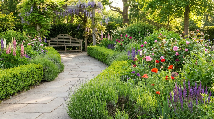 Ein sanft ansteigender, breit gepflasterter Gartenweg führt barrierefrei durch eine grüne Oase mit niedrigen Hecken und bunten Stauden. Eine gemütliche Holzbank lädt im Hintergrund zum Verweilen ein.