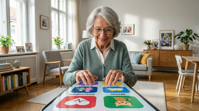 Eine freundliche ältere Dame tippt auf einem modernen Smartphone mit großen, farbigen Icons. Helles, aufgeräumtes Wohnzimmer im Hintergrund.