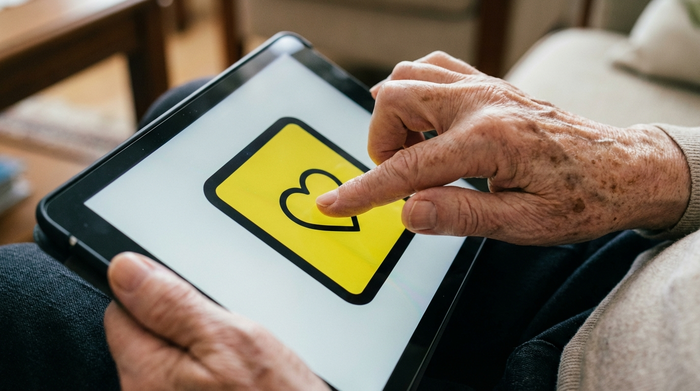 Nahaufnahme von Händen einer älteren Person, die behutsam einen großen, kontrastreichen Button auf einem Tablet-Bildschirm berühren. Klarer Fokus, realistische Szene ohne Text.