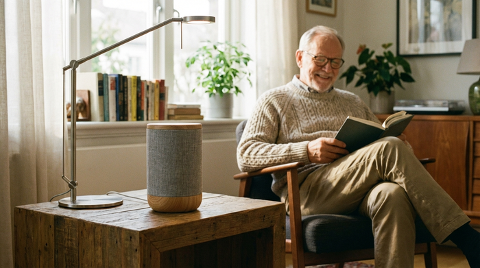 Ein moderner Smart-Speaker steht auf einem hölzernen Beistelltisch neben einer Leselampe. Im Hintergrund sitzt ein Senior entspannt lesend im Sessel.