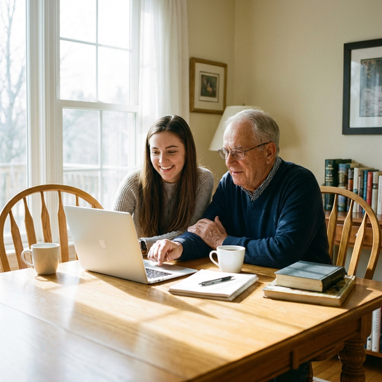 Eine junge Frau und ihr Großvater sitzen gemeinsam am Esstisch und schauen lächelnd auf einen Laptop. Geduldige und liebevolle Lernatmosphäre, helles Tageslicht.