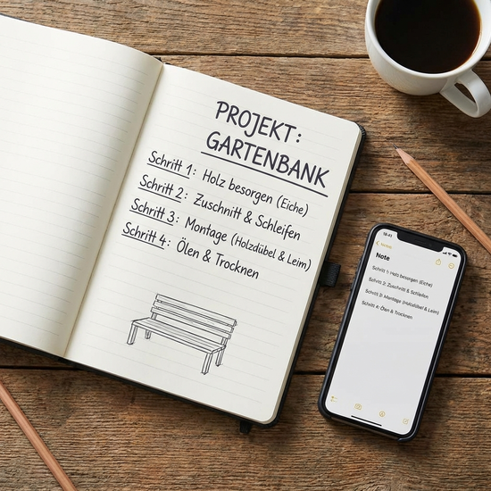 Ein aufgeschlagenes, ordentliches Notizbuch mit handschriftlichen, einfachen Schritt-für-Schritt-Notizen liegt neben einem Smartphone auf einem Holztisch.