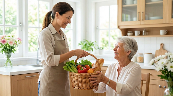 Eine freundliche professionelle Haushaltshilfe reicht einer lächelnden älteren Dame in einer hellen, sauberen Küche einen Korb mit frischen Lebensmitteln.