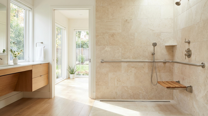 Ein modernes, helles und barrierefreies Badezimmer mit einer großzügigen, bodengleichen Dusche. An der Wand ist ein eleganter, unauffälliger Haltegriff montiert.