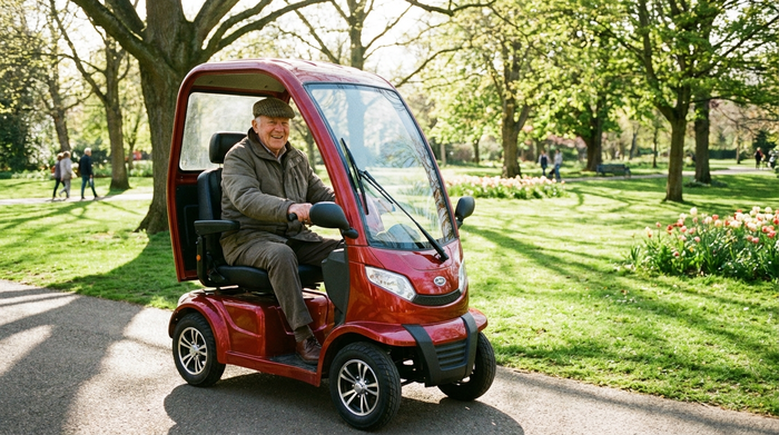 Ein rüstiger Rentner fährt an einem sonnigen Tag mit einem modernen roten Elektromobil durch einen grünen Park und lächelt zufrieden.