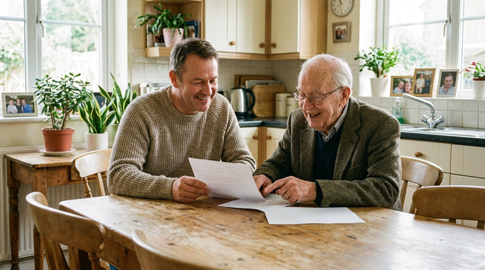 Ein einfühlsamer Pflegeberater sitzt mit einem älteren Herrn an einem Esstisch. Beide schauen gemeinsam auf Dokumente und wirken entspannt und positiv.