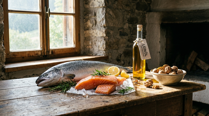 Ein rustikaler Holztisch mit einer Auswahl an frischem Lachs, einer Flasche hochwertigem Leinöl und einer Schale mit Walnüssen. Natürliches Sonnenlicht fällt durch ein Fenster und beleuchtet die frischen Zutaten.